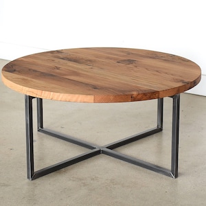 Modern Round Coffee Table / Reclaimed Wood Metal Base Coffee Table / Industrial Coffee Table imagem 2