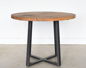 Reclaimed Wood Round Dining Table: Industrial Steel Base