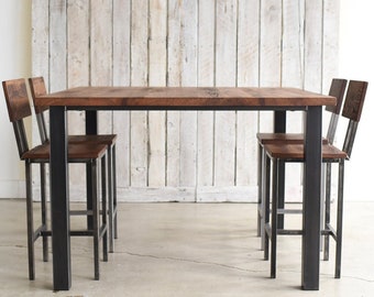 Reclaimed Wood Bar Height Pub Table: Steel Post Leg