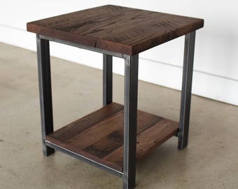 Industrial Reclaimed Wood Side Table with Lower Shelf / Rustic End Table / Accent Table