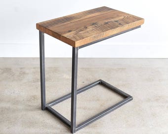 Reclaimed Wood C Table / Industrial Box Frame Side Table / C Metal Base