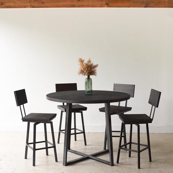 Solid Wood Bar Height Table: Industrial Pub Table with Steel Legs