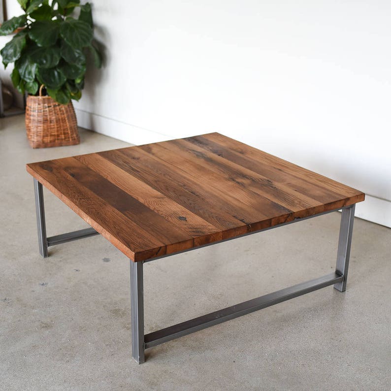 Square Coffee Table / Rustic Coffee Table made from Reclaimed Wood and Industrial H-Shaped Steel Legs image 2