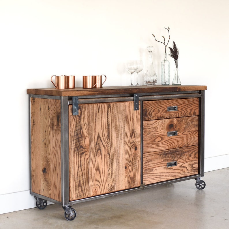 Industrial Rolling Bar Credenza / Reclaimed Wood Buffet Etsy