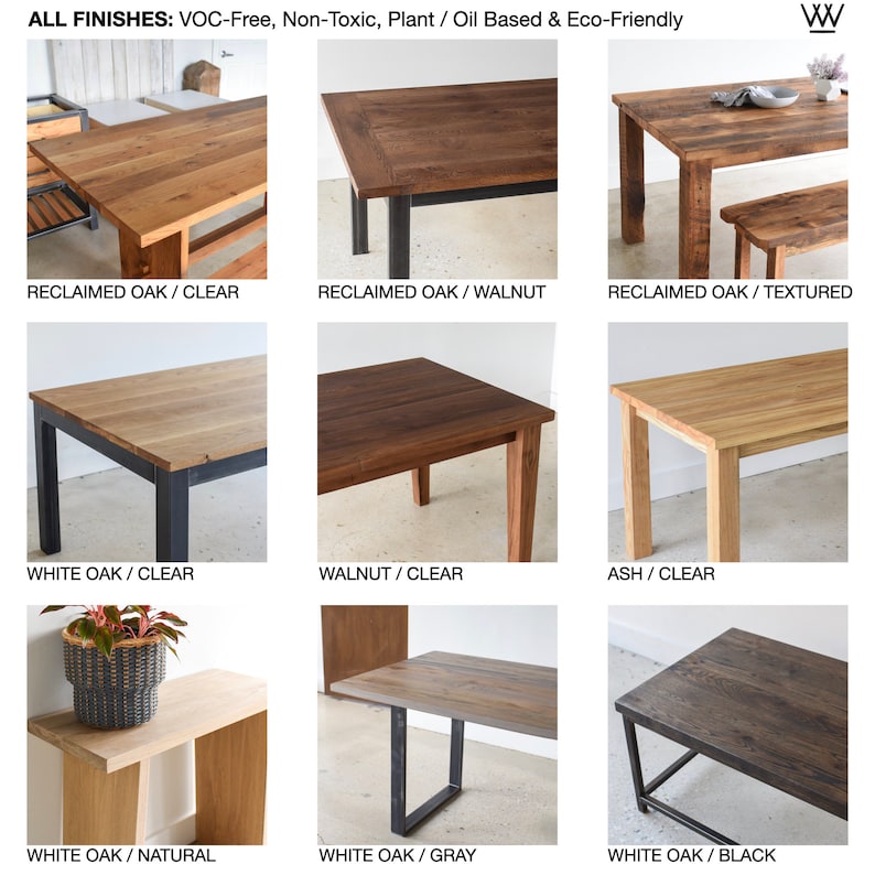 May include: A collage of nine images showcasing different wood finishes for a table. The finishes include reclaimed oak, white oak, walnut, and ash. The tabletops are shown in various colors, including clear, walnut, textured, natural, gray, and black.