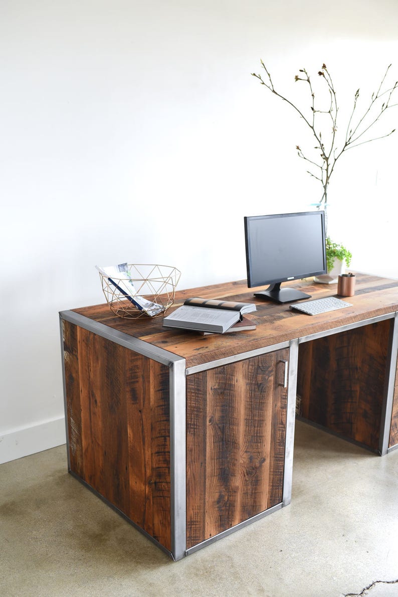 Large Industrial Desk made from Reclaimed Wood Steel / Built in Filing Printer Station image 4