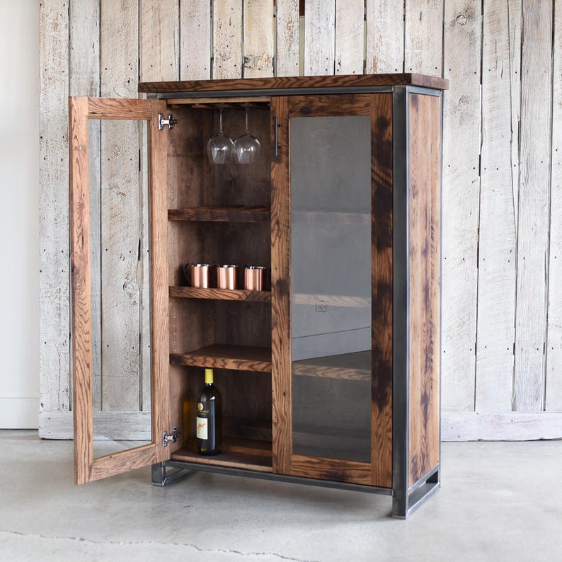 Reclaimed Wood Glass Double Door Cabinet Bar Storage China