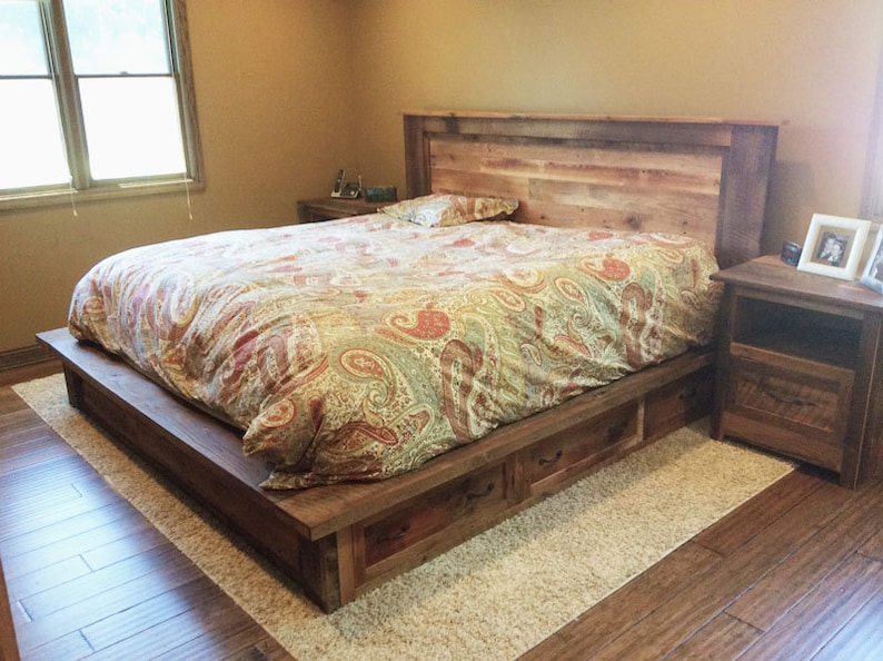 Reclaimed Wood Platform Bed Frame with Storage Drawers | Etsy
