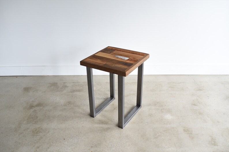 Reclaimed Wood Side Table Industrial Metal U Shaped Legs Patchwork Top