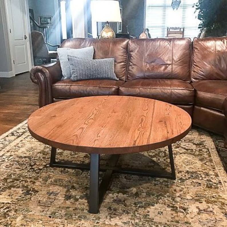 Round Coffee Table / Rustic Reclaimed Wood and Industrial Steel Pedestal Table image 1