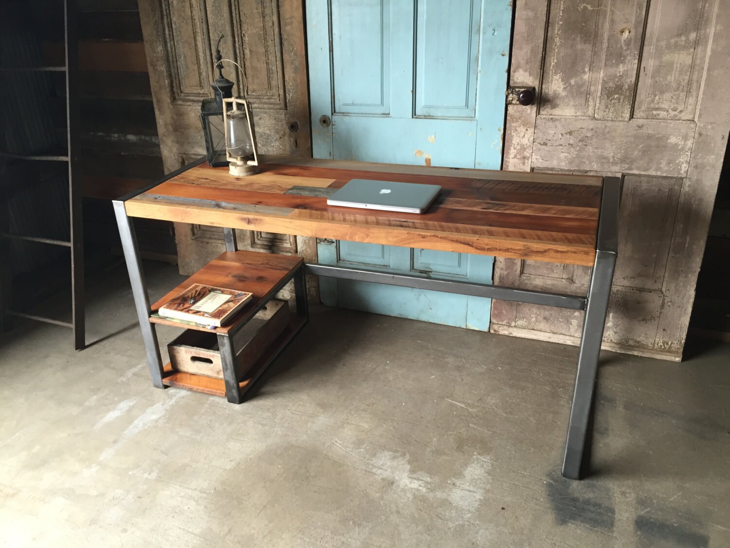 Reclaimed Wood Desk With Lower Shelf Metal Frame Base Etsy