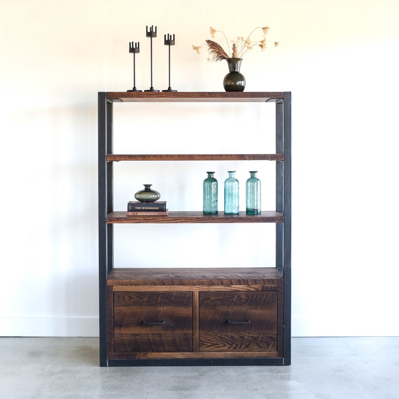 Industrial Bookcase With Drawers / Steel Frame Reclaimed Etsy
