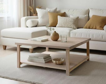 Solid Square Wood Coffee Table with Lower Shelf