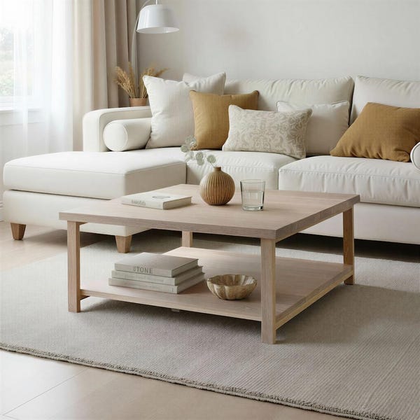 Solid Square Wood Coffee Table with Lower Shelf