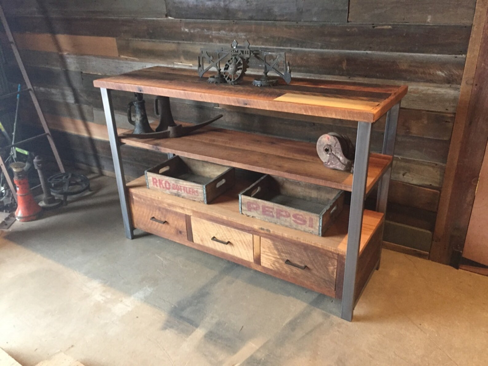 Reclaimed Wood Media Console & Shelving Unit / Industrial Etsy