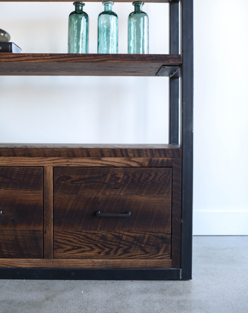 Industrial Bookcase With Drawers / Steel Frame Reclaimed Etsy