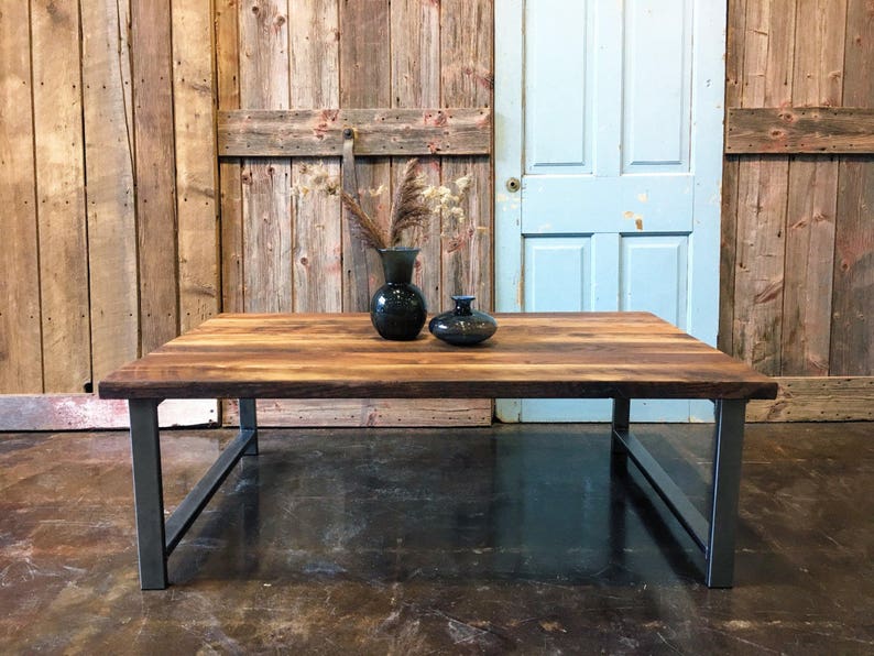 Industrial Reclaimed Wood Coffee Table / H-Shaped Steel Legs image 1