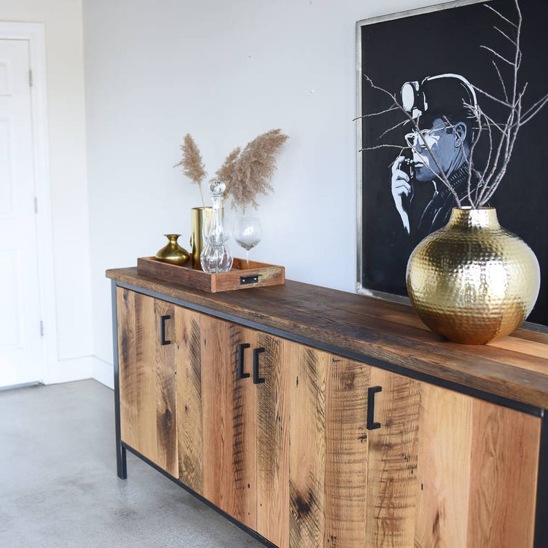 Modern Buffet Cabinet / Reclaimed Wood Steel Bar Storage Credenza image 3