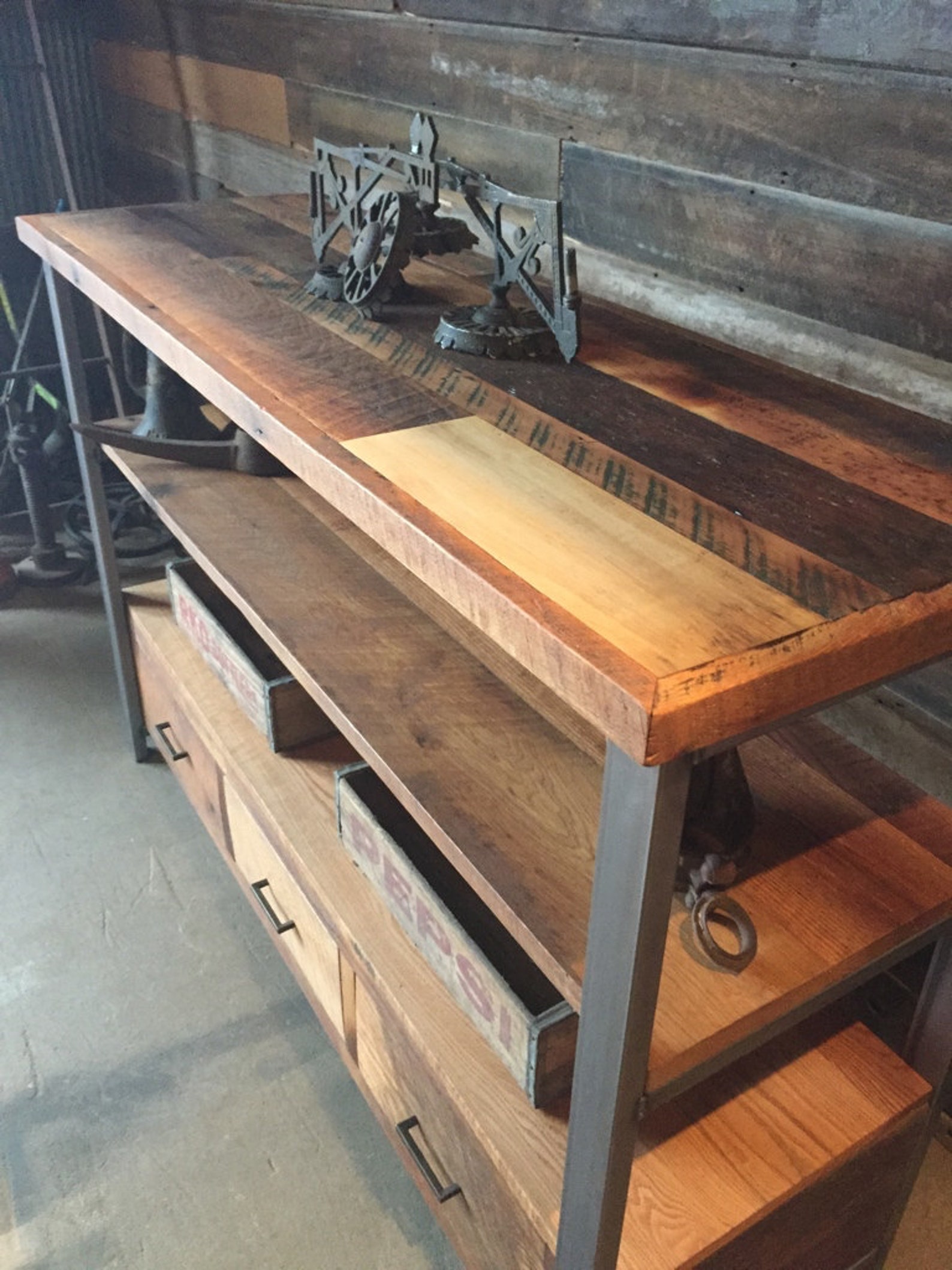 Reclaimed Wood Media Console & Shelving Unit / Industrial Etsy