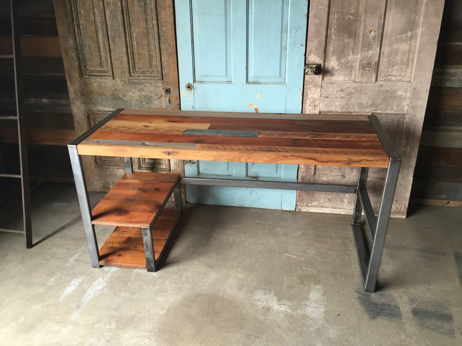 Reclaimed Wood Desk With Lower Shelf Metal Frame Base Etsy