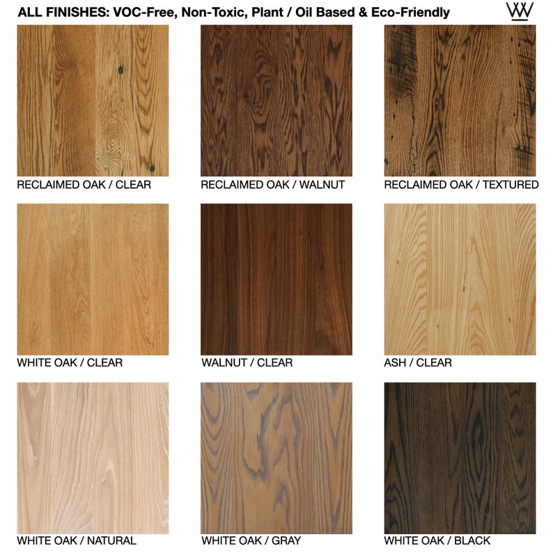 May include: A selection of wood flooring samples in various colours and finishes, including reclaimed oak, white oak, walnut, and ash. The finishes include clear, walnut, textured, natural, grey, and black.