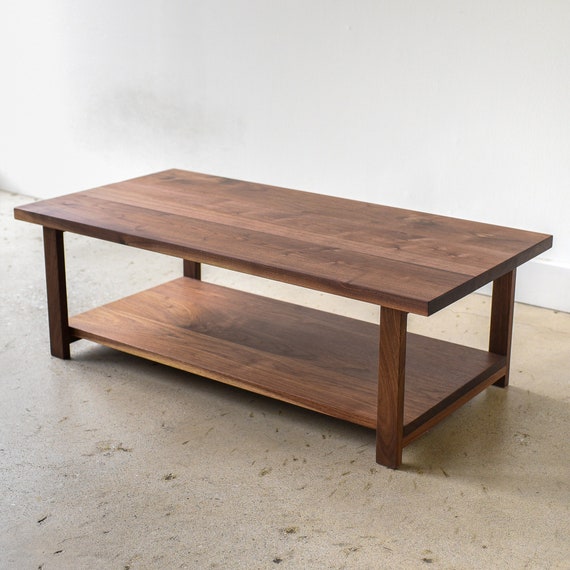 Walnut Wood Coffee Table With Lower Shelf Etsy