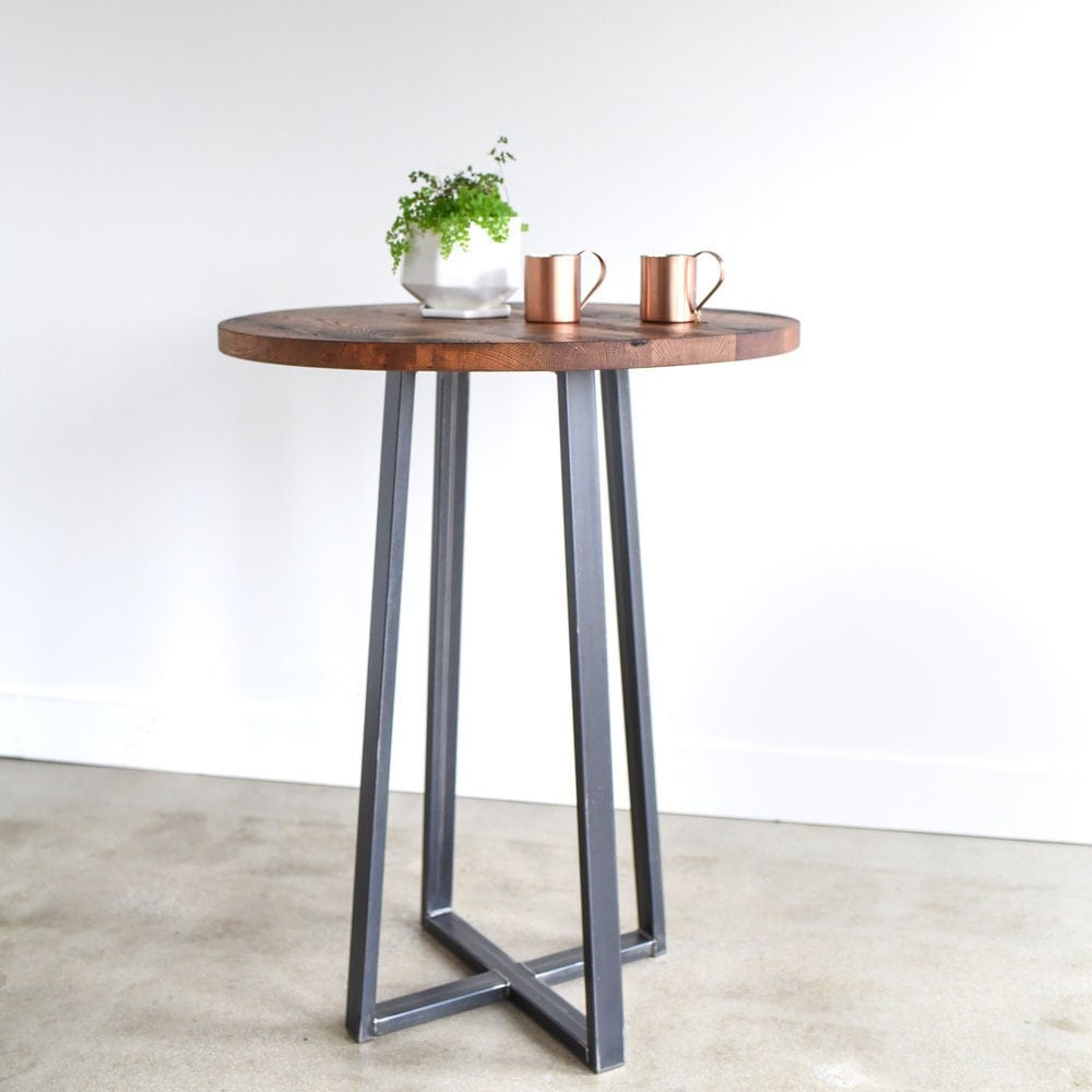 Round Bar Height Table With Reclaimed Wood Industrial Pub Table