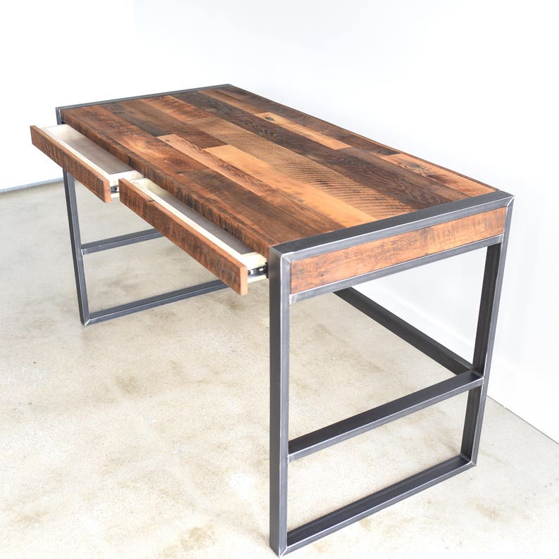 Rustic Office Desk Industrial Patchwork Made From Reclaimed Wood
