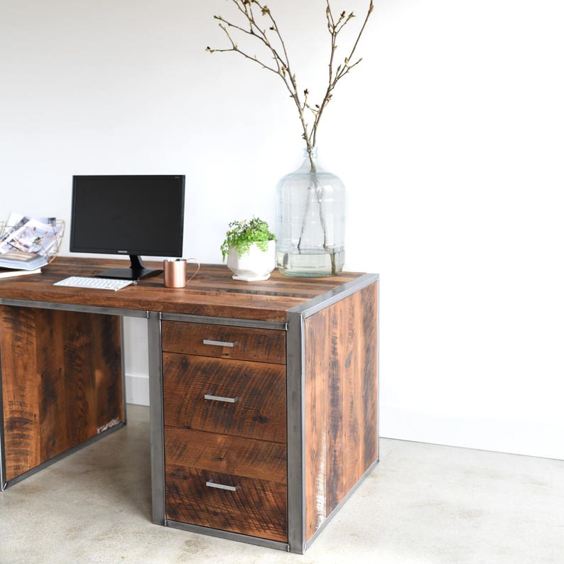 Large Industrial Desk made from Reclaimed Wood Steel / Built in Filing Printer Station image 2