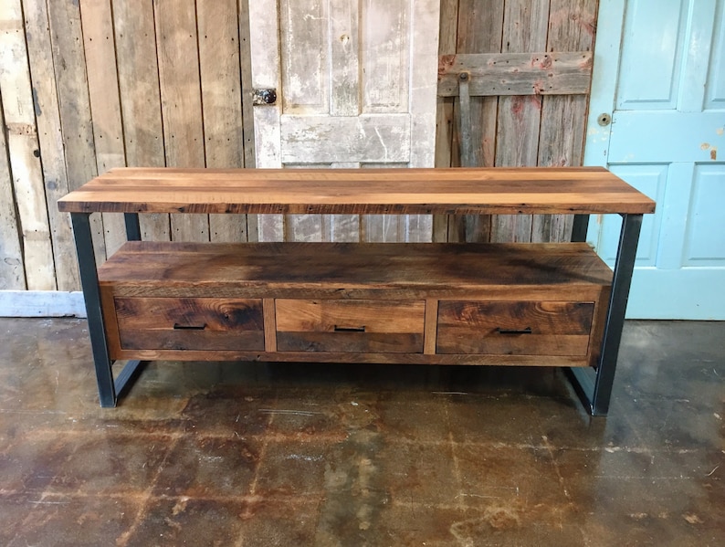 Reclaimed Wood Media Console / Modern Industrial TV Stand / 3-Drawer Credenza image 6