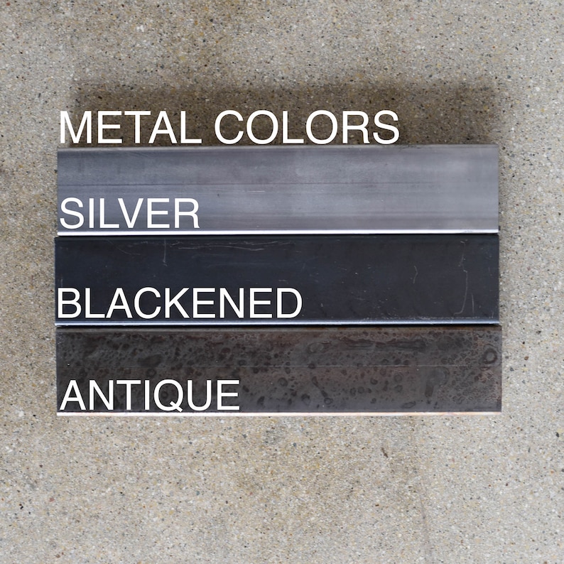 May include: Metal samples in three finishes: silver, blackened, and antique. The samples are arranged vertically with the text "METAL COLORS" above them and the finish names below each sample.