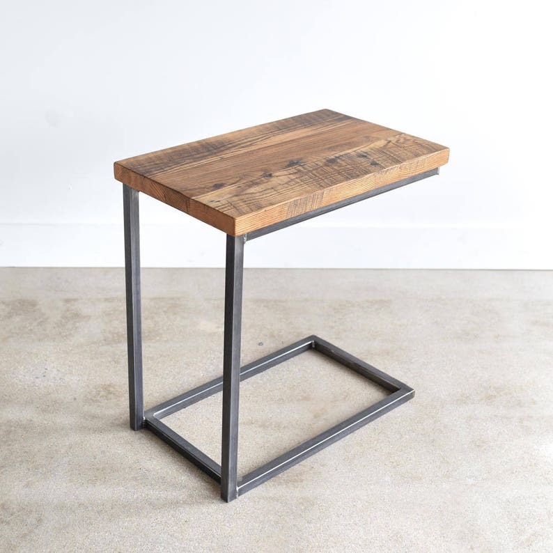 Reclaimed Wood C Table Industrial Box Frame Side Metal Base