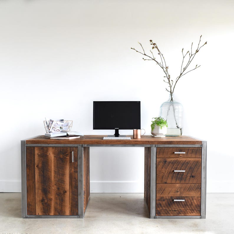 Large Industrial Desk made from Reclaimed Wood Steel / Built in Filing Printer Station image 1