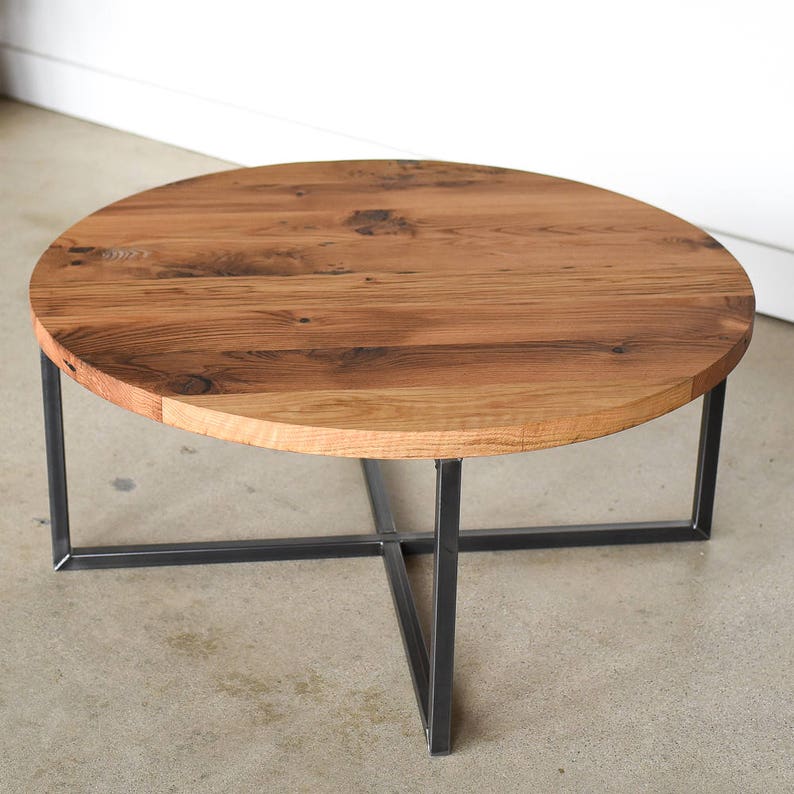 Modern Round Coffee Table / Reclaimed Wood Metal Base Coffee Table / Industrial Coffee Table afbeelding 4