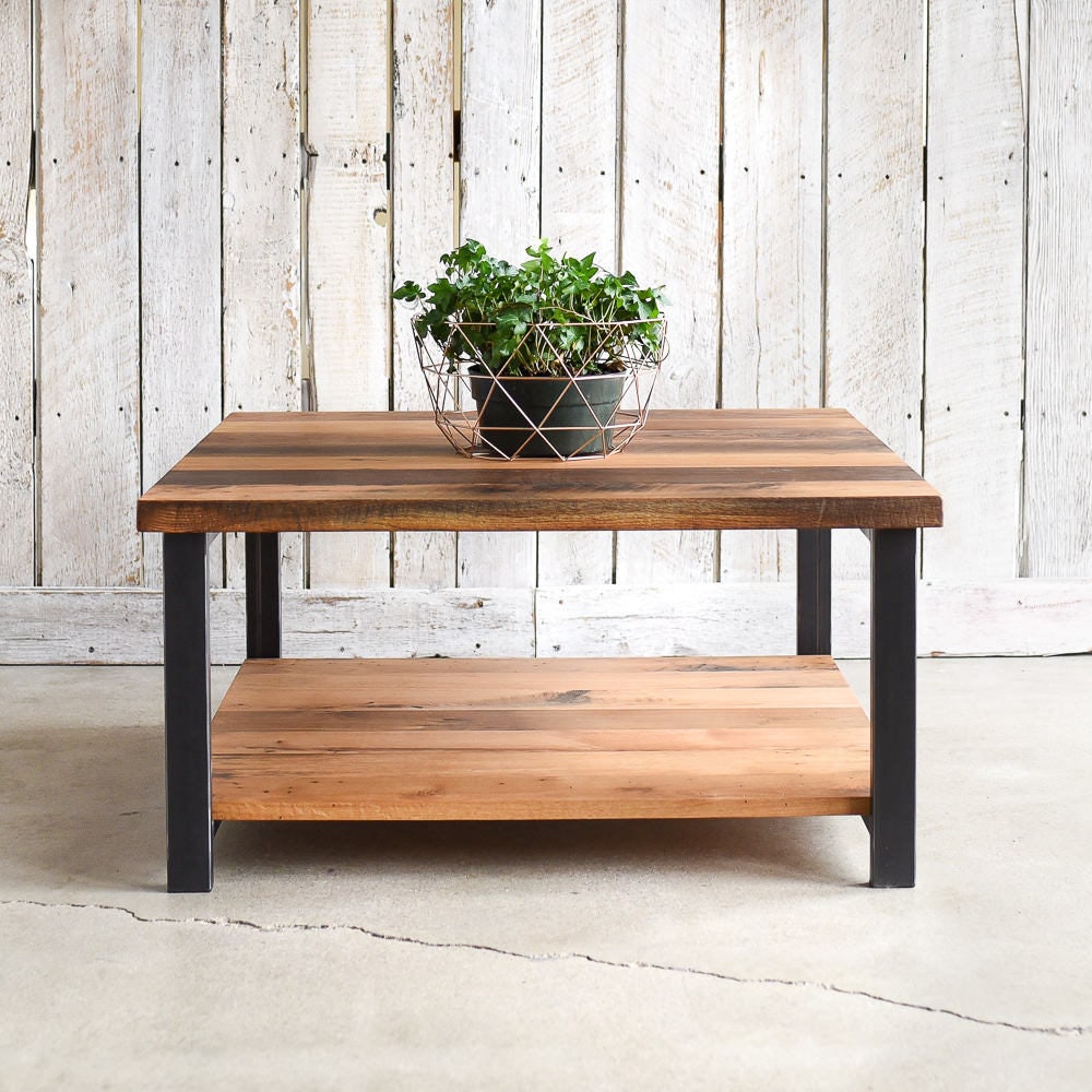 Square Coffee Table With Lower Shelf Industrial Reclaimed Etsy Ireland