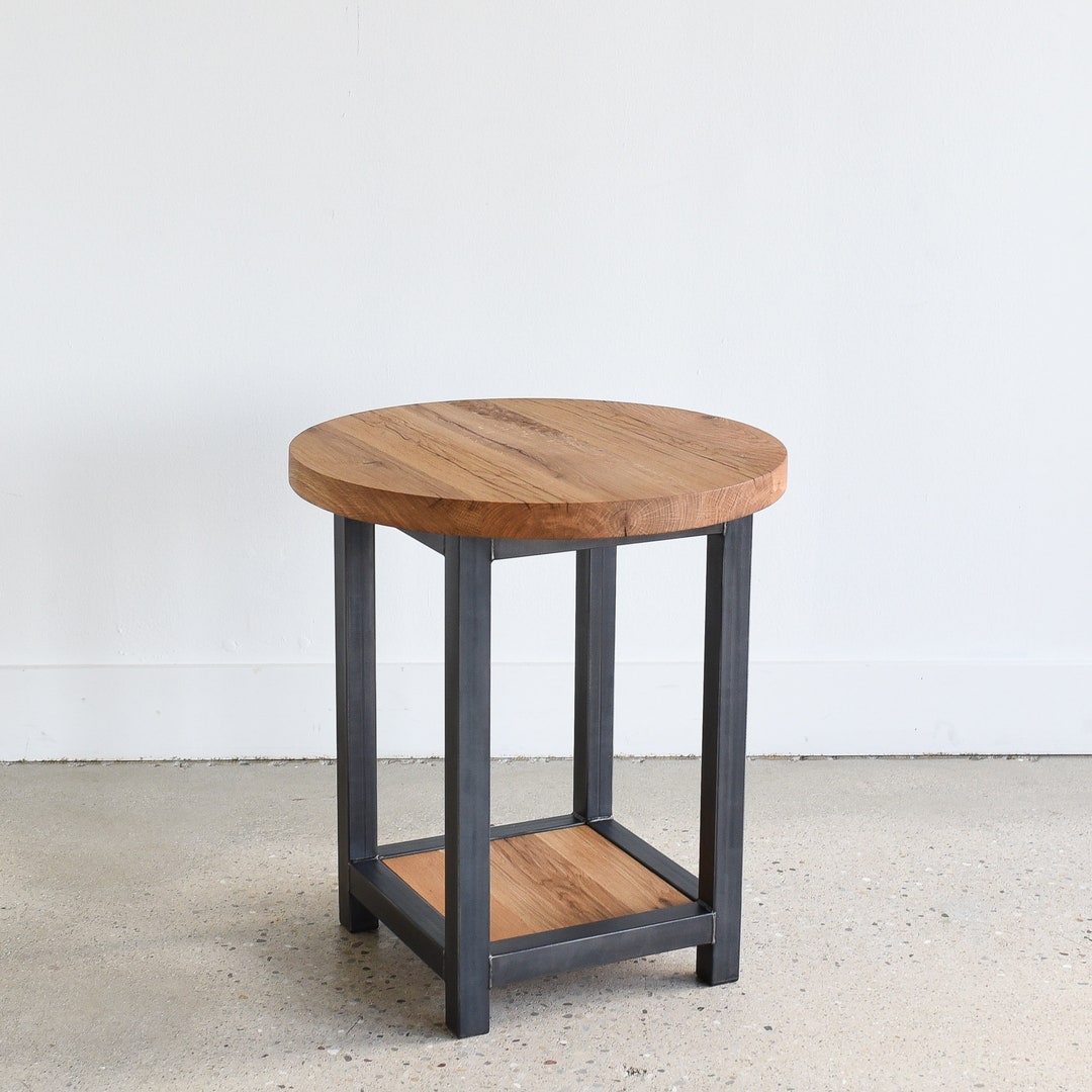 Solid Wood End Table: Rustic Round Side Table With Shelf - Etsy