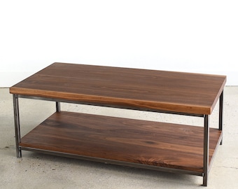 Solid Wood Coffee Table: Industrial Steel Frame with Lower Shelf