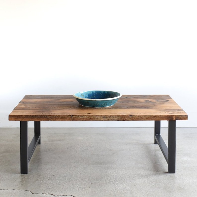 Industrial Coffee Table Reclaimed Wood H Shaped Steel Legs