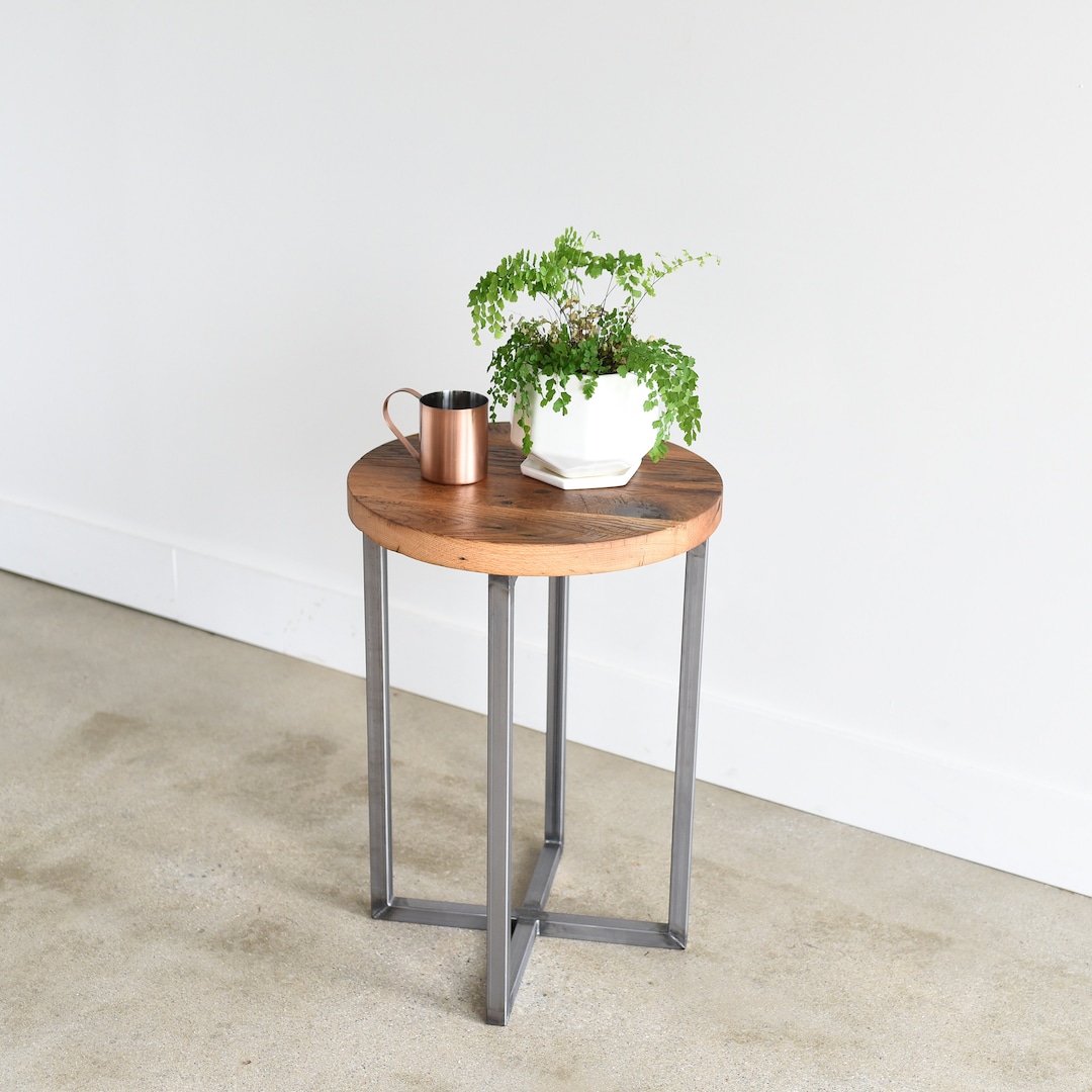 Round Side/end Table With Reclaimed Wood & Industrial Steel Base - Etsy