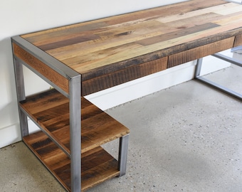 Industrial Desk made from Reclaimed Wood / 3 Drawers and Shelving for Storage
