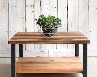 Solid Oak Square Coffee Table: Industrial Steel Base, Lower Shelf