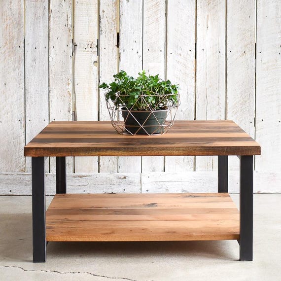 Solid Oak Square Coffee Table: Industrial Steel Base, Lower Shelf