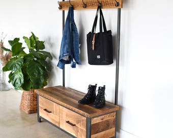 Reclaimed Wood Hall Tree / Industrial Entryway Storage / Rustic Bench