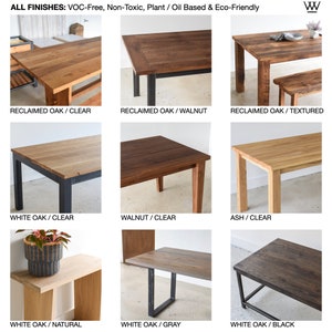 May include: A collage of nine images showcasing different wood finishes for a table. The finishes include reclaimed oak, white oak, walnut, and ash. The wood is shown in clear, walnut, textured, natural, grey, and black finishes.