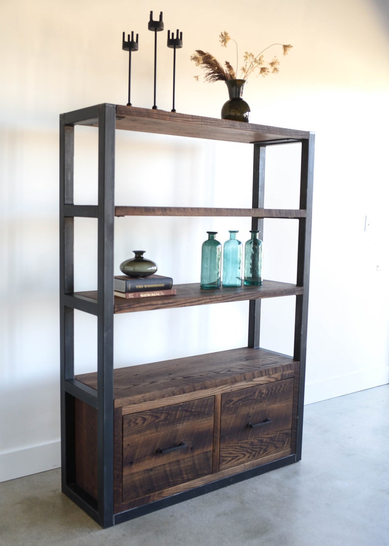 Industrial Bookcase With Drawers / Steel Frame Reclaimed Etsy