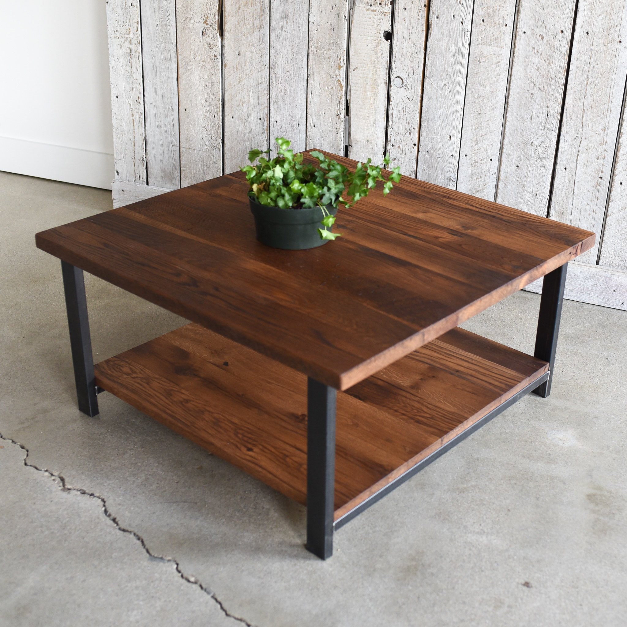 Reclaimed Wood Coffee Table With Lower Shelf / Square Etsy