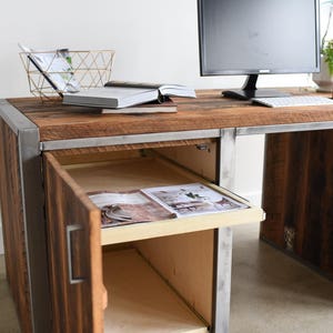 Large Industrial Desk made from Reclaimed Wood Steel / Built in Filing Printer Station image 5