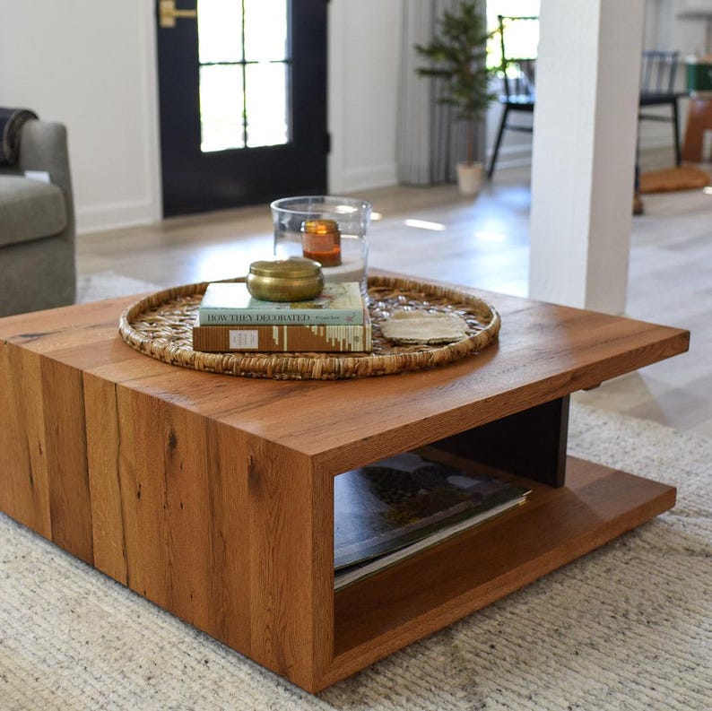 Solid Wood Square Coffee Table: Modern Open Shelf Design image 1