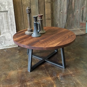 Round Coffee Table / Rustic Reclaimed Wood and Industrial Steel Pedestal Table image 3
