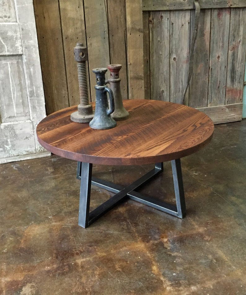 Round Coffee Table / Rustic Reclaimed Wood and Industrial Steel Pedestal Table image 3